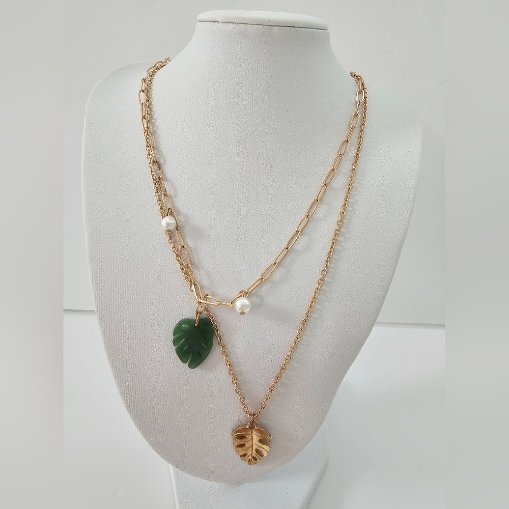 Claire's Gold and Green Monstera Leaf Pendant Necklaces Two Paperclip Chain